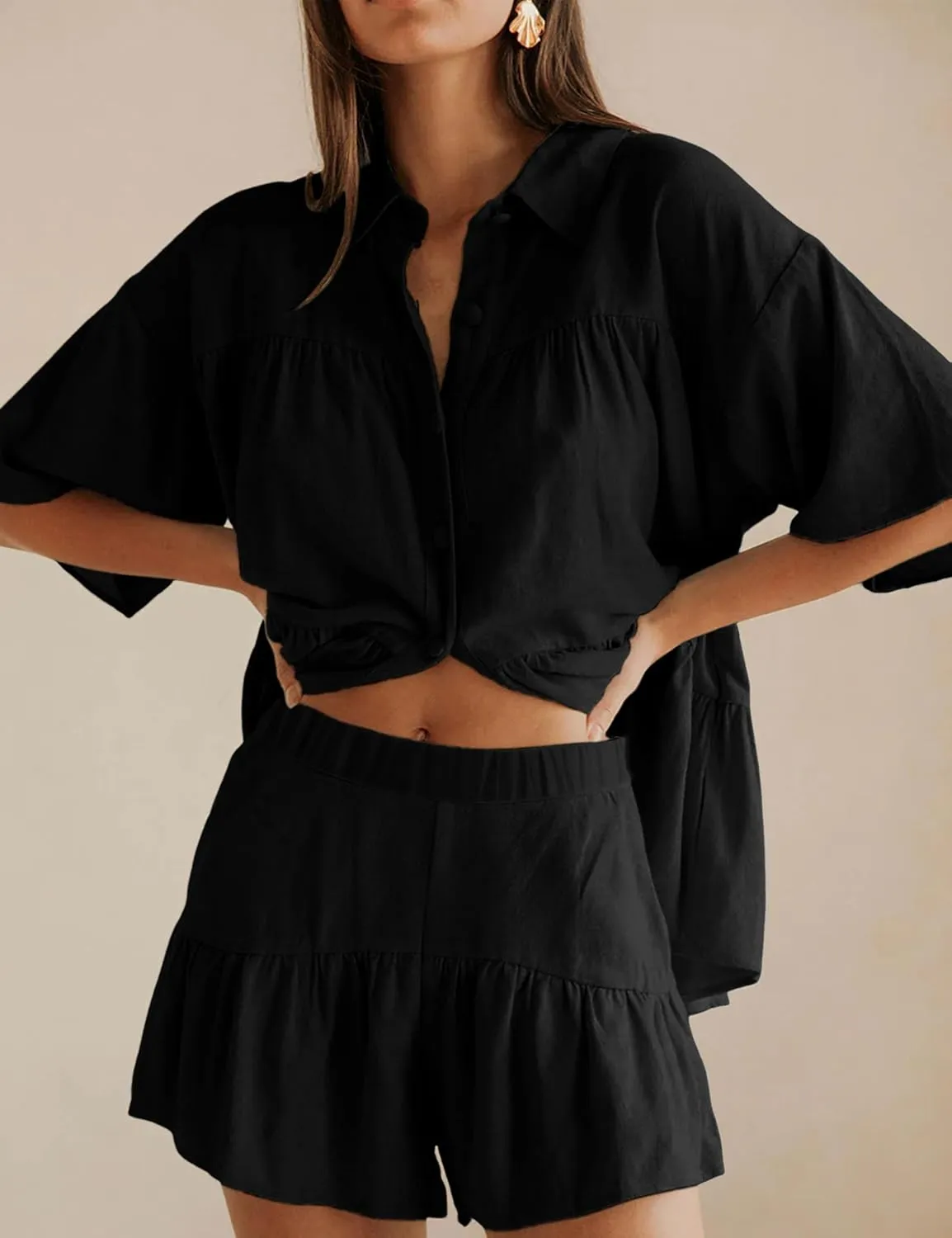Qiaomai Womens 2 Piece Outfits Summer Ruffled Shirt and High Waist Shorts Matching Set