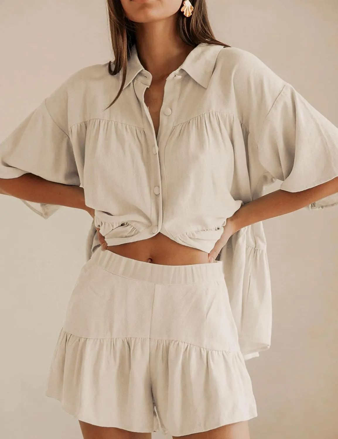 Qiaomai Womens 2 Piece Outfits Summer Ruffled Shirt and High Waist Shorts Matching Set