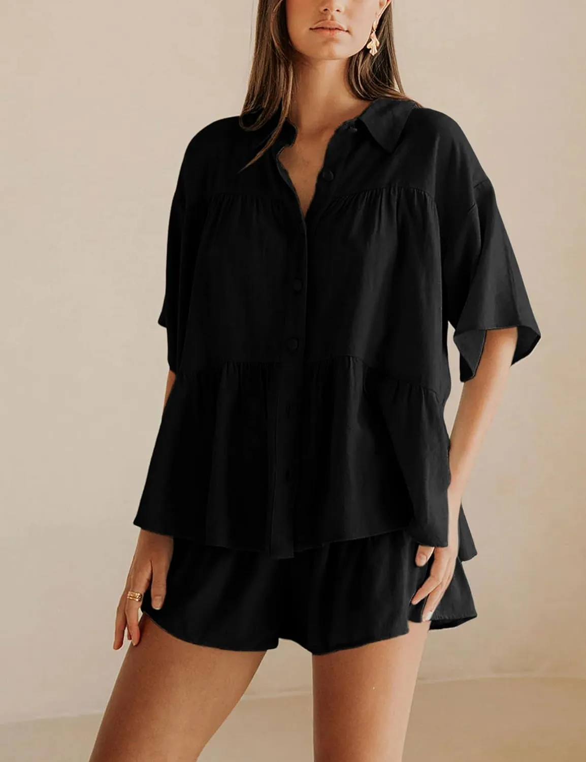 Qiaomai Womens 2 Piece Outfits Summer Ruffled Shirt and High Waist Shorts Matching Set