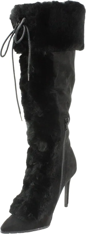 Qupid Women's Scorpio-03 Faux Suede &Fur Mid-calf Pointed Toe Lace Up High Heel Dress Boots
