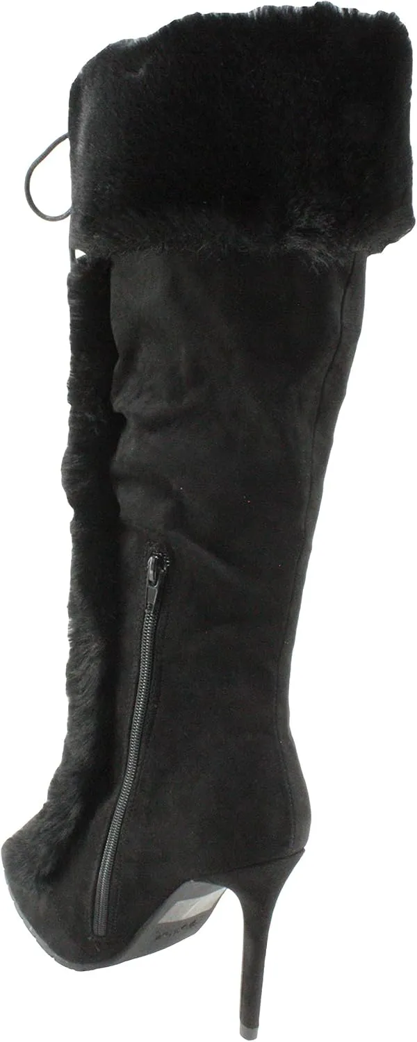 Qupid Women's Scorpio-03 Faux Suede &Fur Mid-calf Pointed Toe Lace Up High Heel Dress Boots