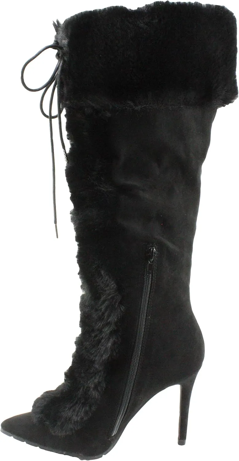 Qupid Women's Scorpio-03 Faux Suede &Fur Mid-calf Pointed Toe Lace Up High Heel Dress Boots