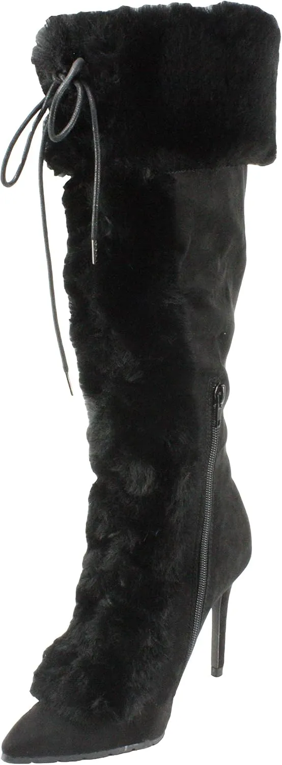 Qupid Women's Scorpio-03 Faux Suede &Fur Mid-calf Pointed Toe Lace Up High Heel Dress Boots