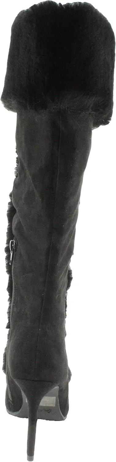 Qupid Women's Scorpio-03 Faux Suede &Fur Mid-calf Pointed Toe Lace Up High Heel Dress Boots