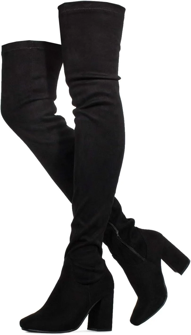 RF ROOM OF FASHION Cab-21 Women's Fitted Over The Knee Thigh High Chunky Heel Stretch Boots (Regular Calf)