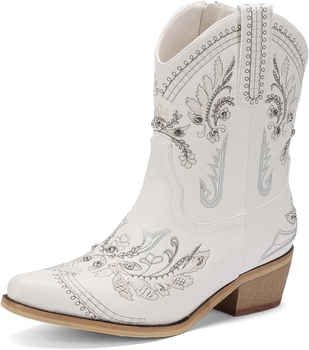Rhinestone Ankle Cowboy Boots for Women Embroidered Short Cowgirl Boots With Low Heel Side Zipper Comfortable Chunky Heels Western Booties For Prom Party Wedding Pull On Shoes