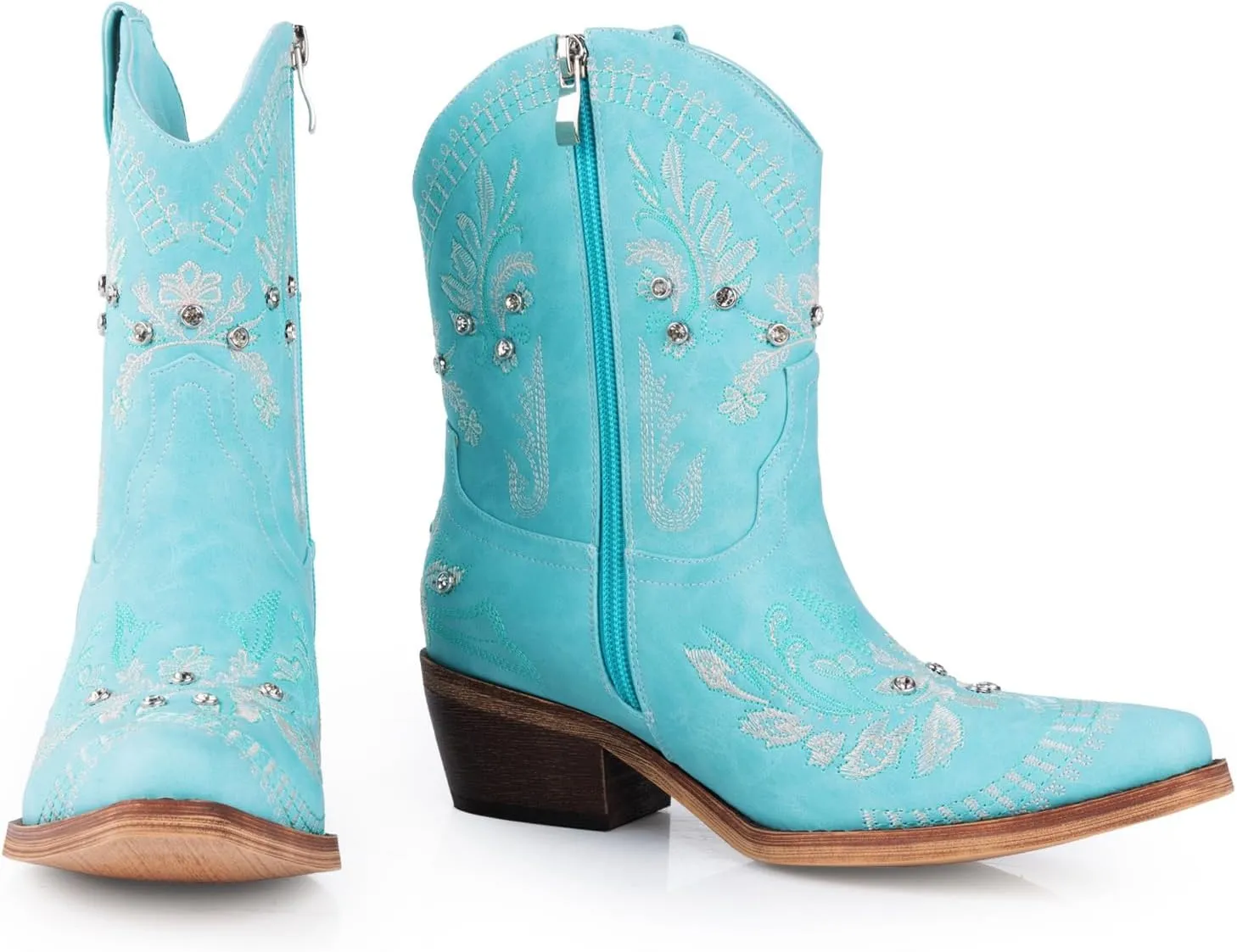 Rhinestone Ankle Cowboy Boots for Women Embroidered Short Cowgirl Boots With Low Heel Side Zipper Comfortable Chunky Heels Western Booties For Prom Party Wedding Pull On Shoes