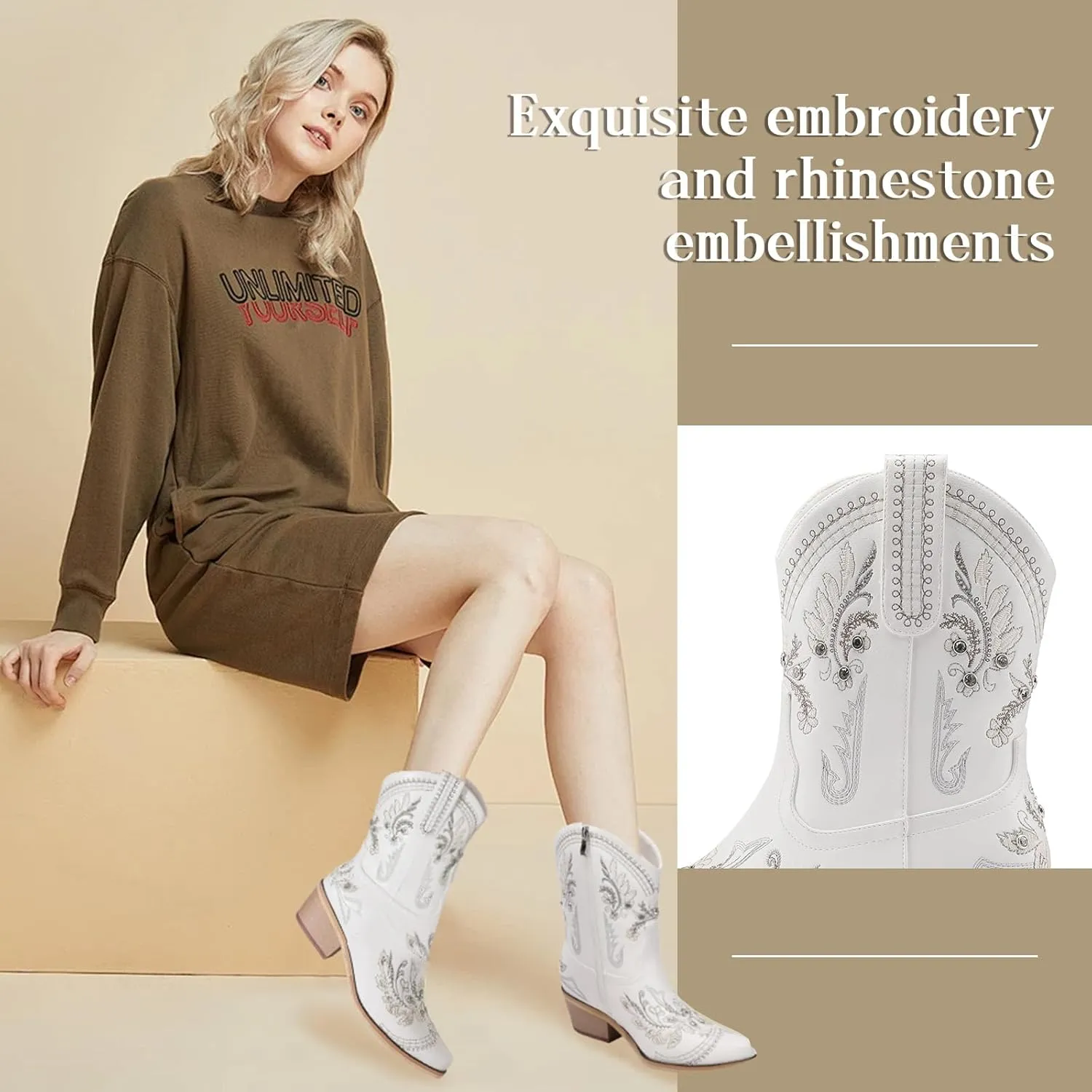 Rhinestone Ankle Cowboy Boots for Women Embroidered Short Cowgirl Boots With Low Heel Side Zipper Comfortable Chunky Heels Western Booties For Prom Party Wedding Pull On Shoes