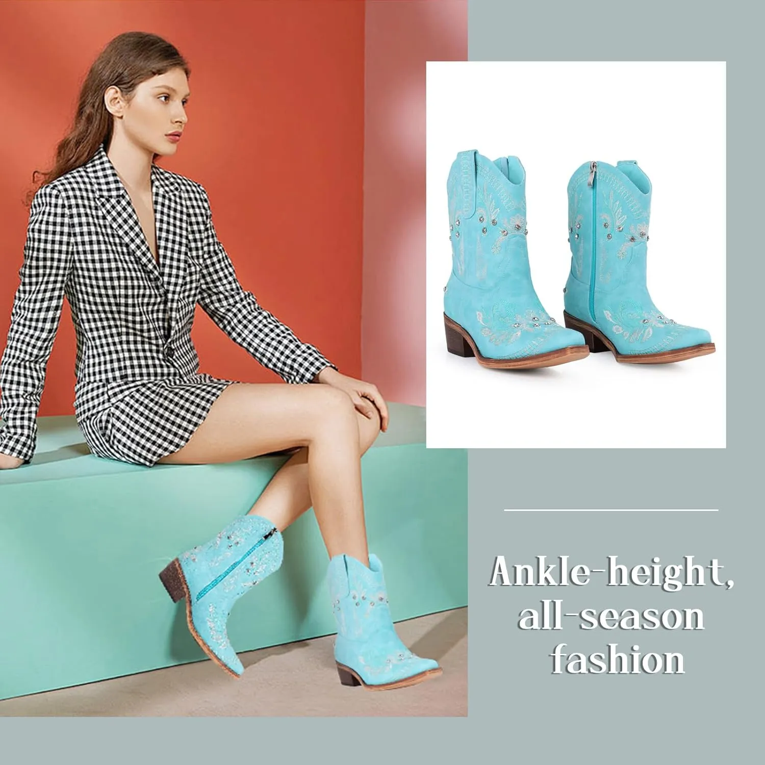Rhinestone Ankle Cowboy Boots for Women Embroidered Short Cowgirl Boots With Low Heel Side Zipper Comfortable Chunky Heels Western Booties For Prom Party Wedding Pull On Shoes