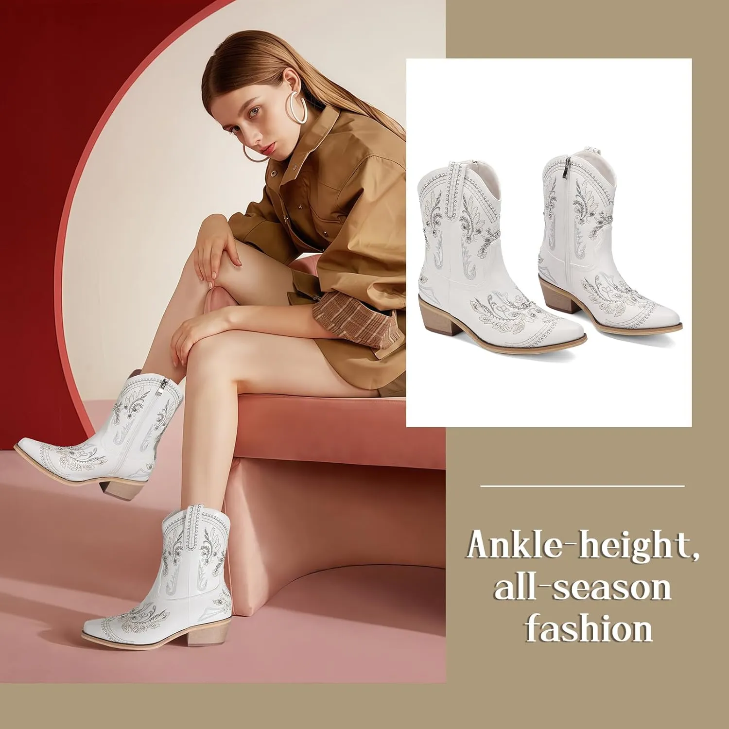 Rhinestone Ankle Cowboy Boots for Women Embroidered Short Cowgirl Boots With Low Heel Side Zipper Comfortable Chunky Heels Western Booties For Prom Party Wedding Pull On Shoes