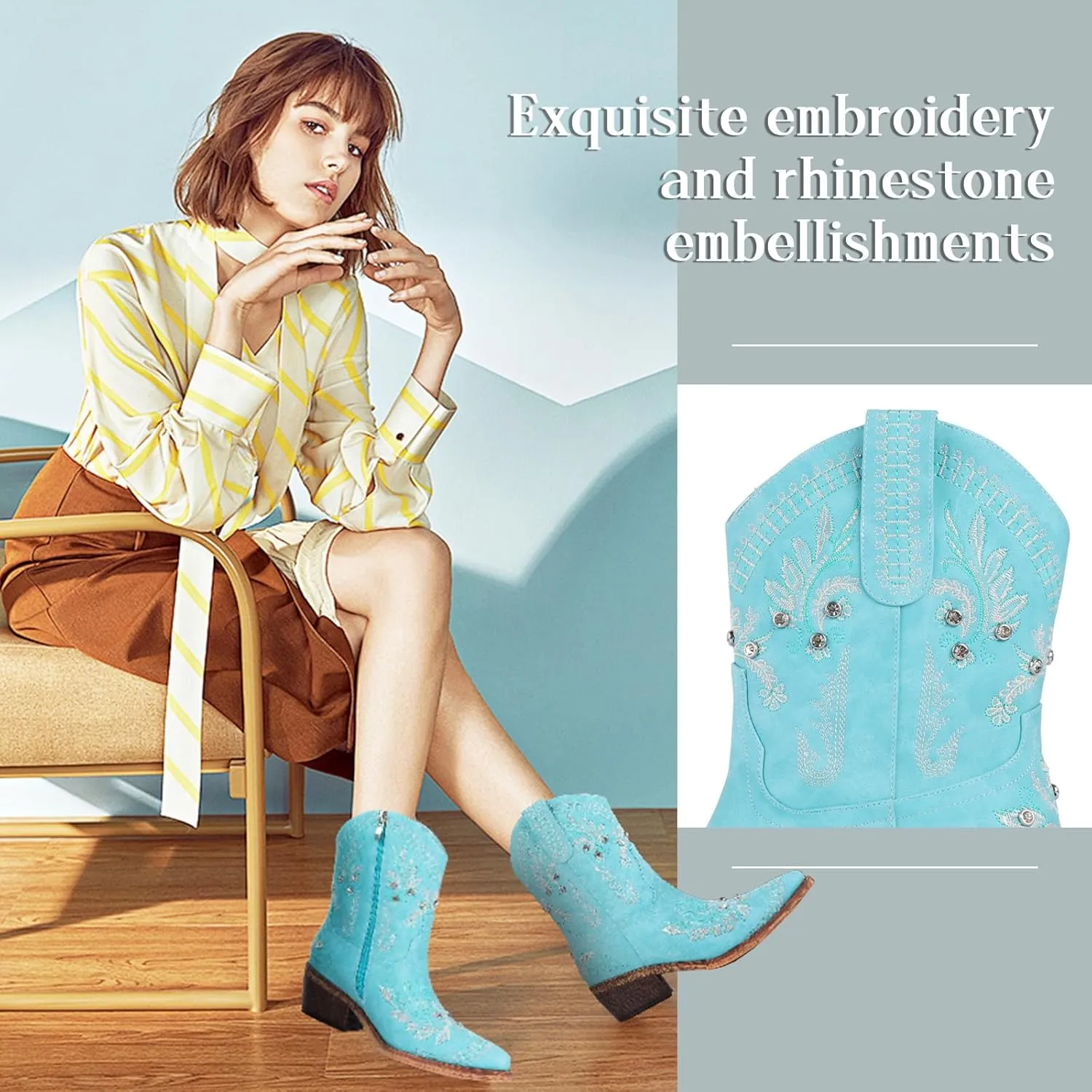 Rhinestone Ankle Cowboy Boots for Women Embroidered Short Cowgirl Boots With Low Heel Side Zipper Comfortable Chunky Heels Western Booties For Prom Party Wedding Pull On Shoes