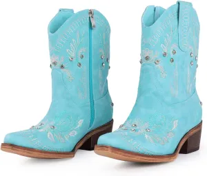 Rhinestone Ankle Cowboy Boots for Women Embroidered Short Cowgirl Boots With Low Heel Side Zipper Comfortable Chunky Heels Western Booties For Prom Party Wedding Pull On Shoes
