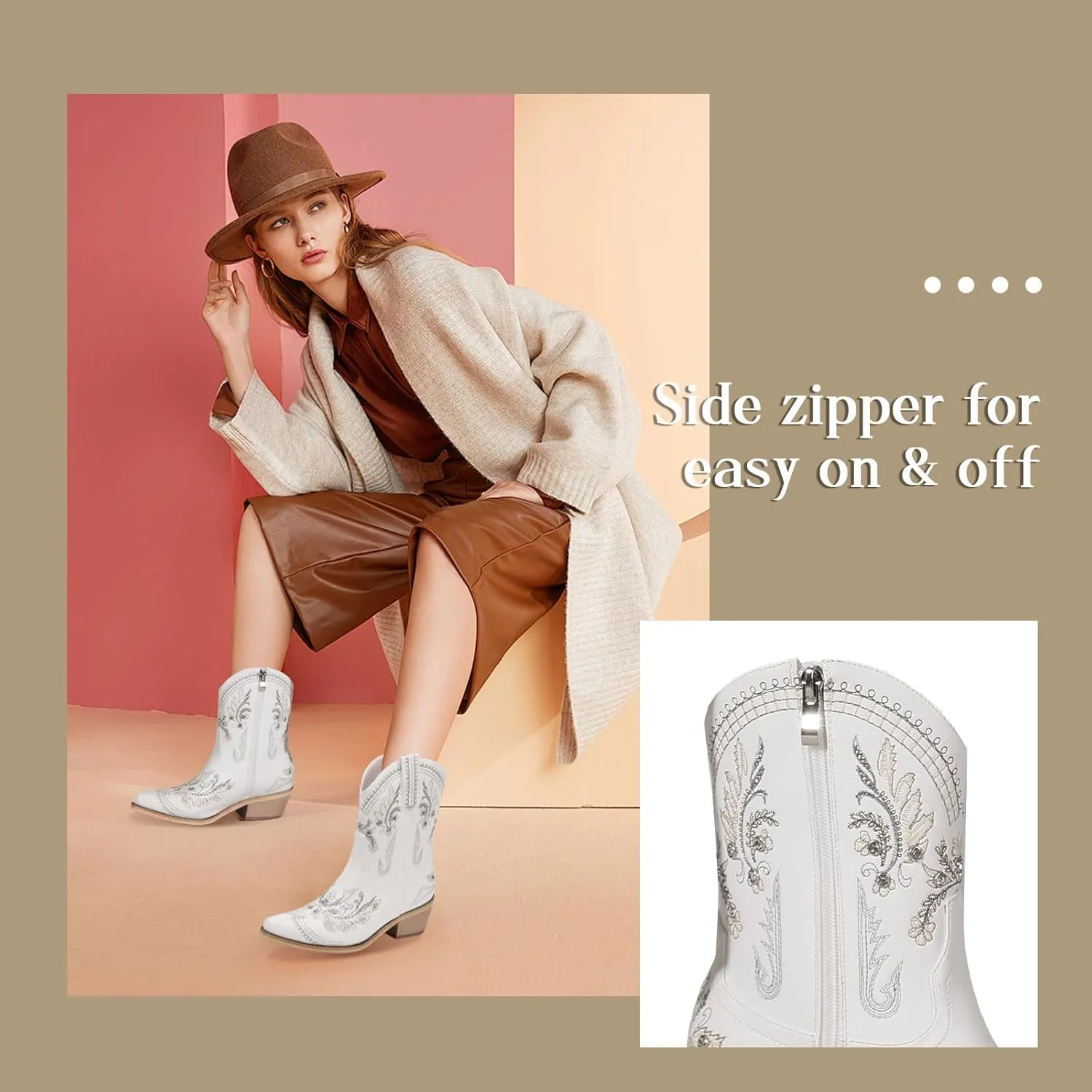 Rhinestone Ankle Cowboy Boots for Women Embroidered Short Cowgirl Boots With Low Heel Side Zipper Comfortable Chunky Heels Western Booties For Prom Party Wedding Pull On Shoes