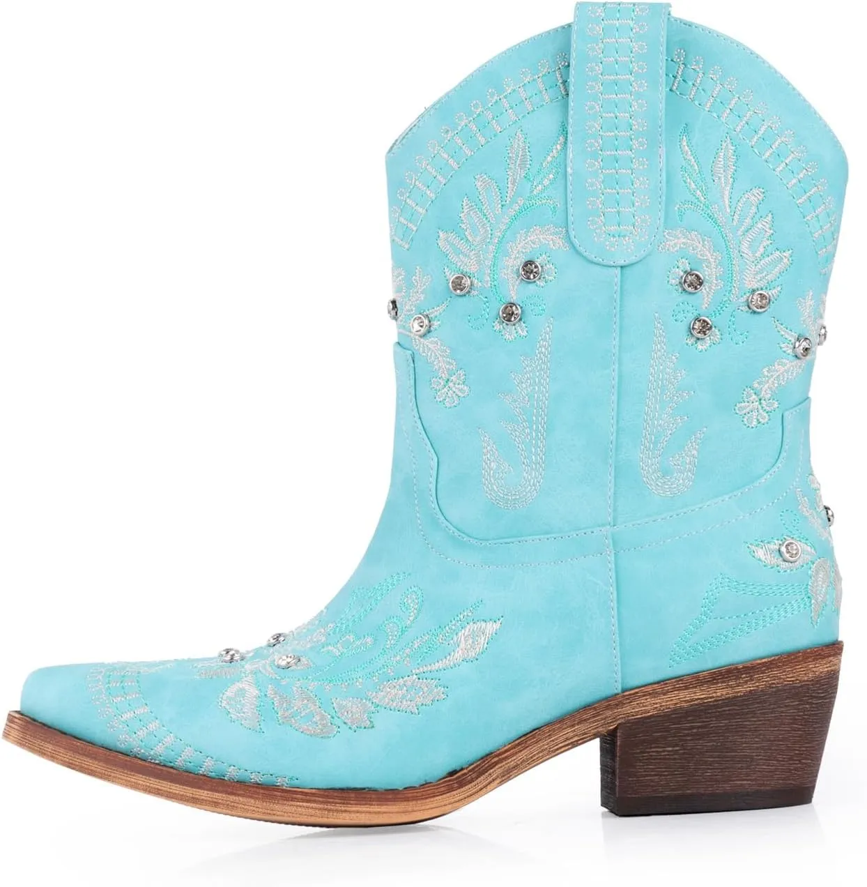 Rhinestone Ankle Cowboy Boots for Women Embroidered Short Cowgirl Boots With Low Heel Side Zipper Comfortable Chunky Heels Western Booties For Prom Party Wedding Pull On Shoes
