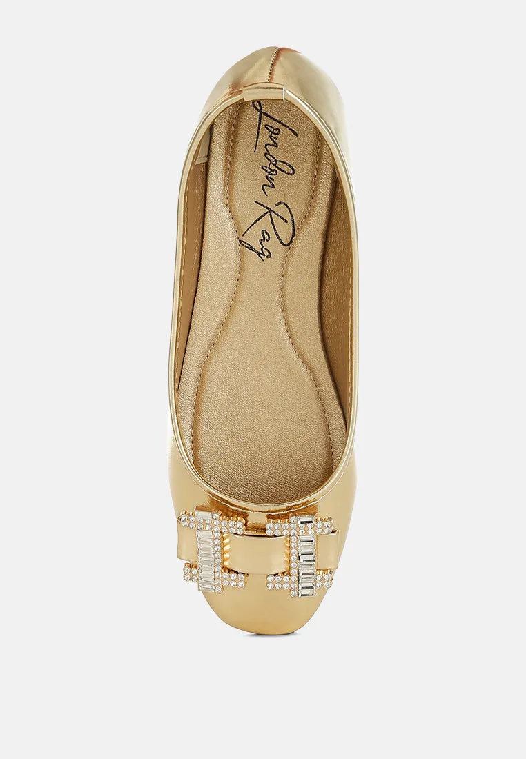 Rhinestone Buckle Metallic Ballerinas By RUW