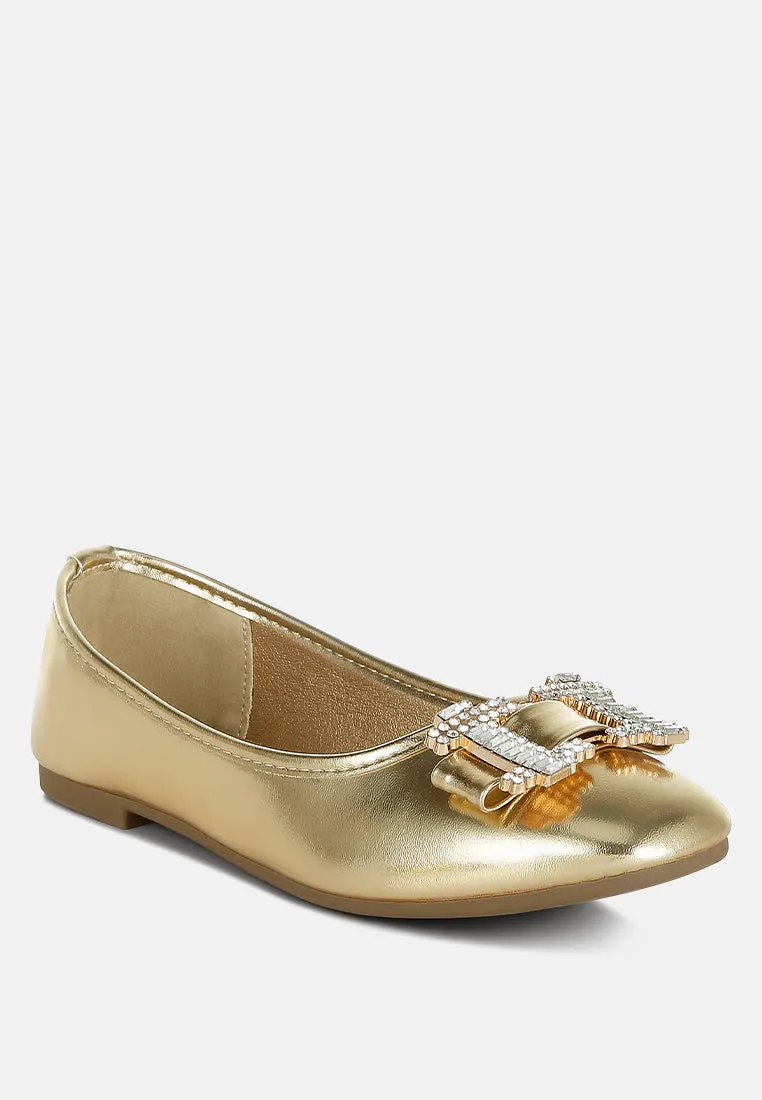 Rhinestone Buckle Metallic Ballerinas By RUW