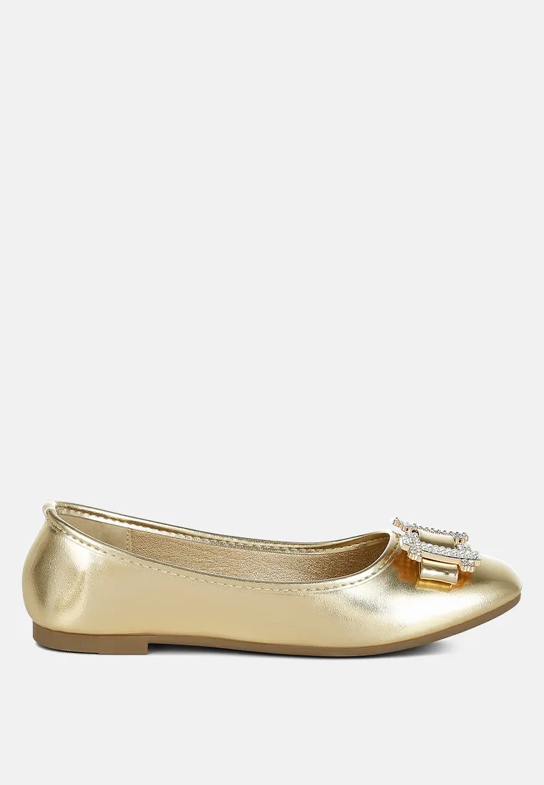 Rhinestone Buckle Metallic Ballerinas By RUW