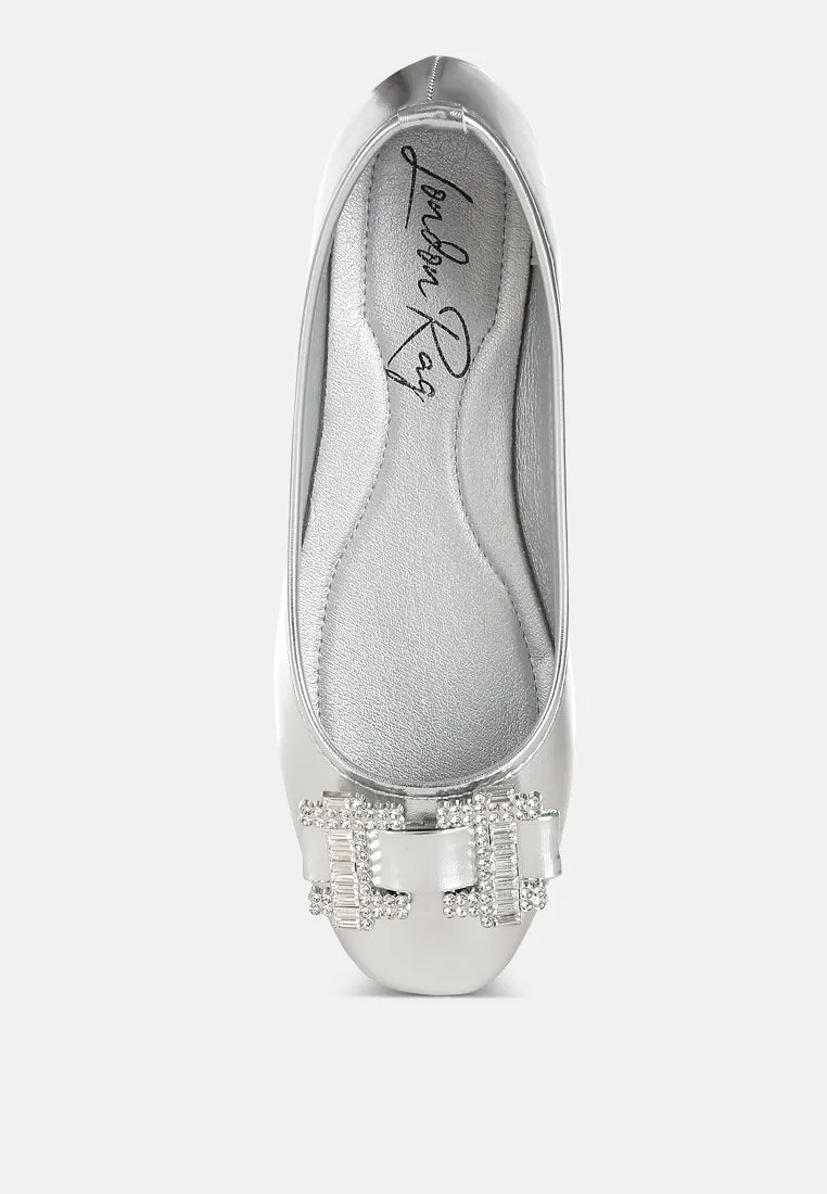 Rhinestone Buckle Metallic Ballerinas By RUW