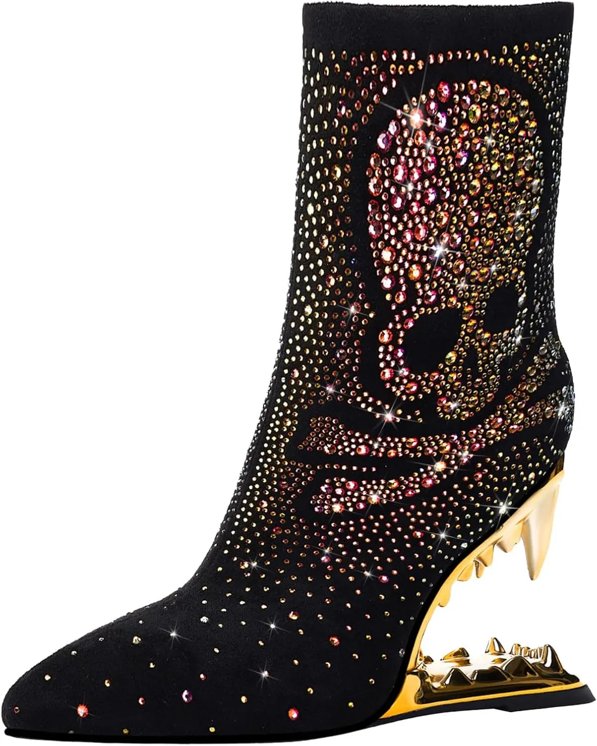 Rhinestone Sparkling Ankle Boots for Women Flame Shark Teeth Heel Booties Tiger Tooth High Heeled Glitter Boots