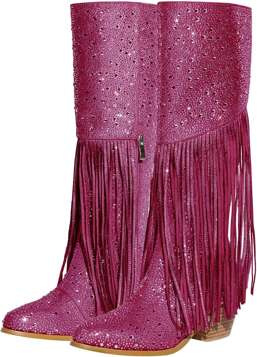richealnini Embellished Rhinestones Knee High Boots with Fringe and Zippers Side Zip Up Stacked Heels Long Booties Wedding Bridal Shoes