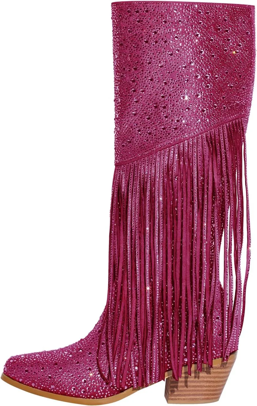 richealnini Embellished Rhinestones Knee High Boots with Fringe and Zippers Side Zip Up Stacked Heels Long Booties Wedding Bridal Shoes