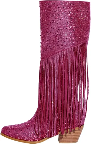 richealnini Embellished Rhinestones Knee High Boots with Fringe and Zippers Side Zip Up Stacked Heels Long Booties Wedding Bridal Shoes