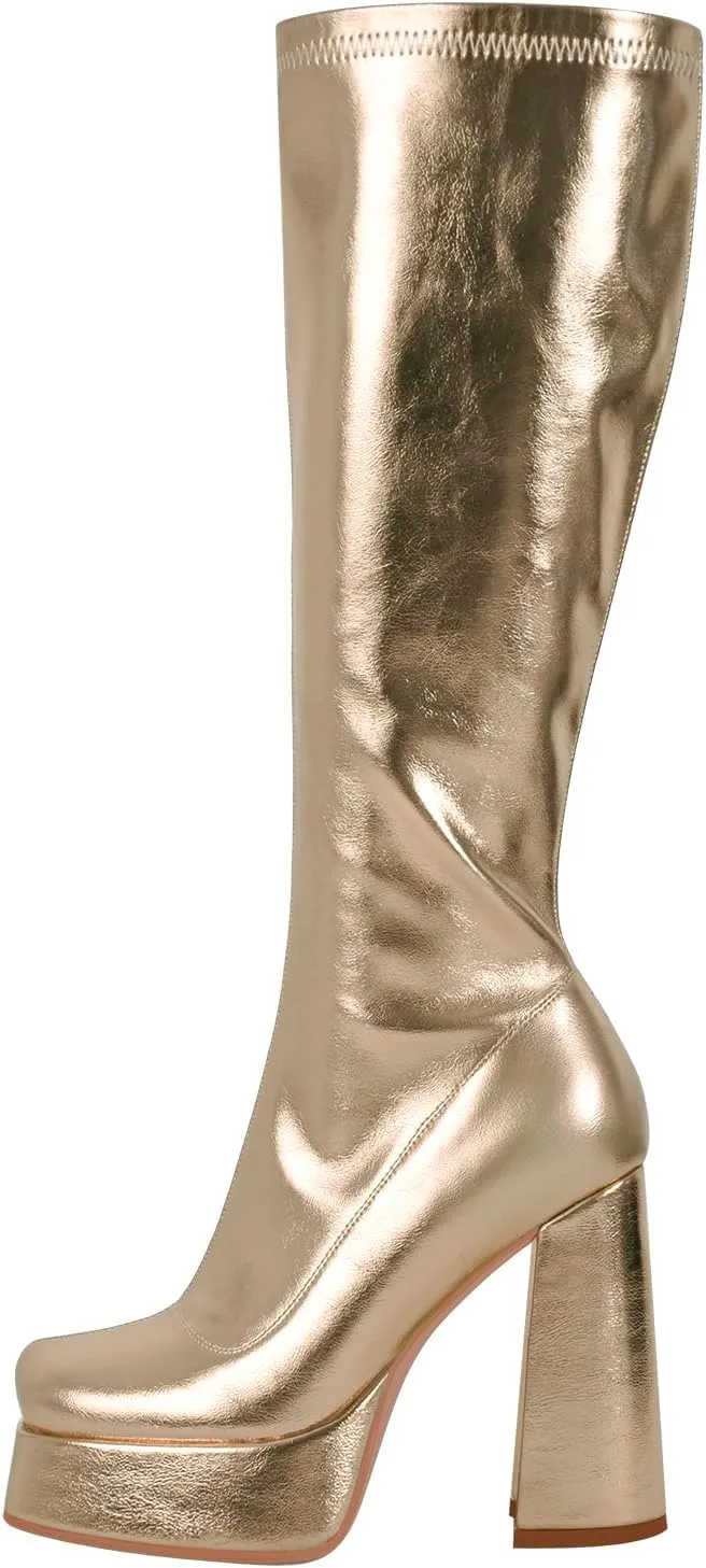 richealnini Metallic Boots with Platform Heel Zip Up Knee High Boots for Women Square Toe Block Heels Go Go Boots