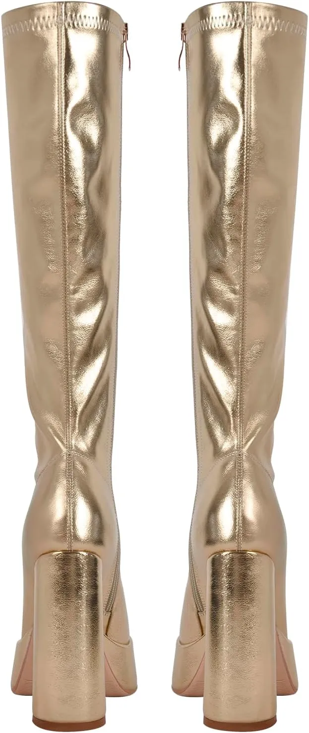 richealnini Metallic Boots with Platform Heel Zip Up Knee High Boots for Women Square Toe Block Heels Go Go Boots