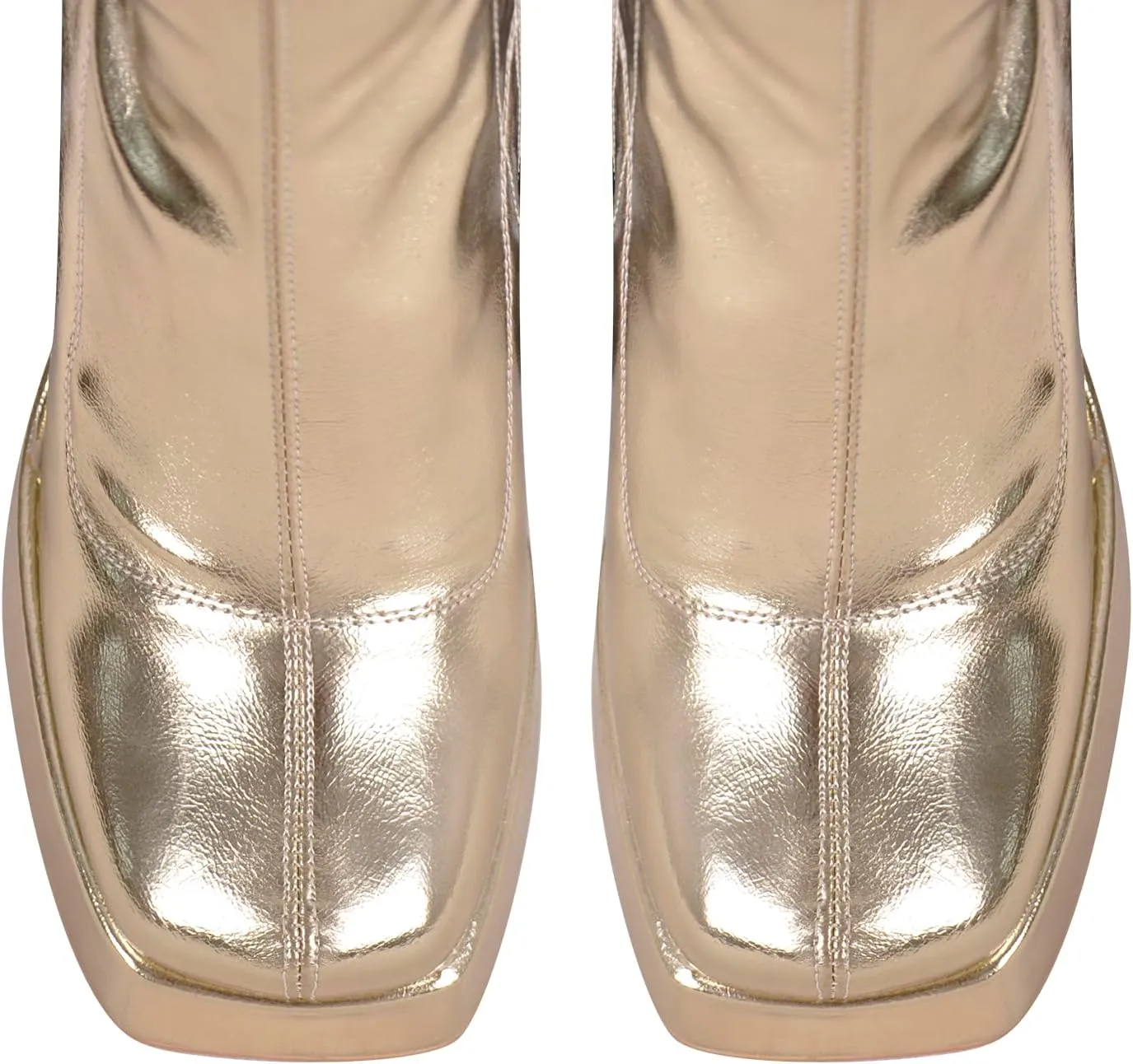 richealnini Metallic Boots with Platform Heel Zip Up Knee High Boots for Women Square Toe Block Heels Go Go Boots