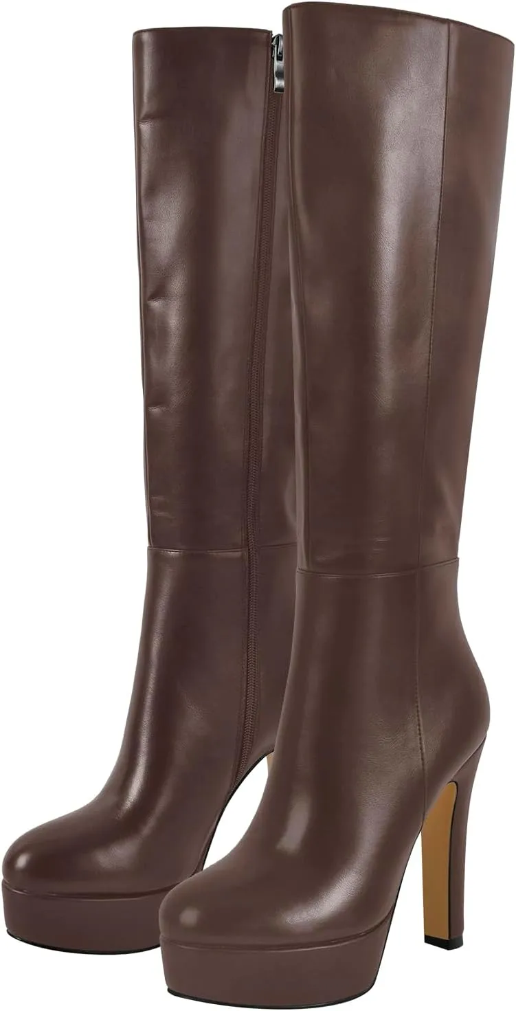 richealnini Platform Knee High Boots for Women Side Zip Up Tall Boots with Block Heel Comfort Long Boots