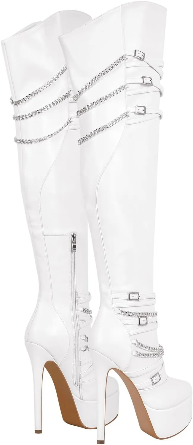 richealnini Sexy Pointed Toe Platform Thigh High Boots with Zippers and Chains Women's Zip Up Stretchy Over the Knee High Boots Stiletto Heel