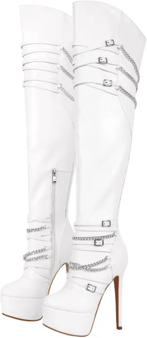 richealnini Sexy Pointed Toe Platform Thigh High Boots with Zippers and Chains Women's Zip Up Stretchy Over the Knee High Boots Stiletto Heel