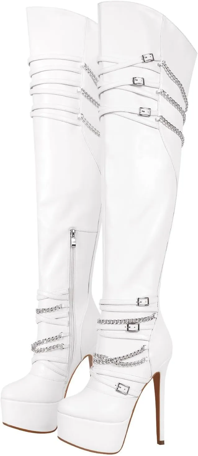 richealnini Sexy Pointed Toe Platform Thigh High Boots with Zippers and Chains Women's Zip Up Stretchy Over the Knee High Boots Stiletto Heel