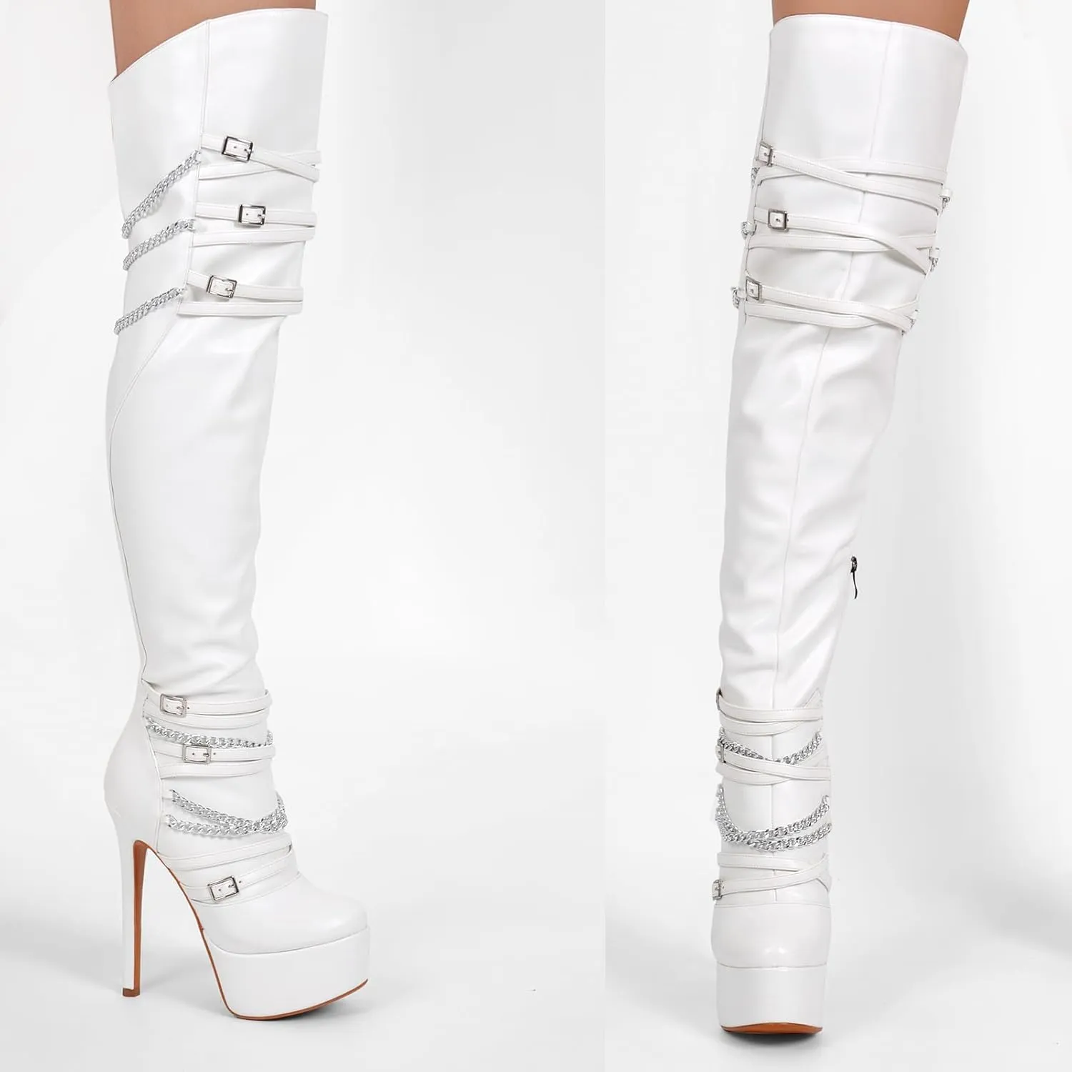 richealnini Sexy Pointed Toe Platform Thigh High Boots with Zippers and Chains Women's Zip Up Stretchy Over the Knee High Boots Stiletto Heel