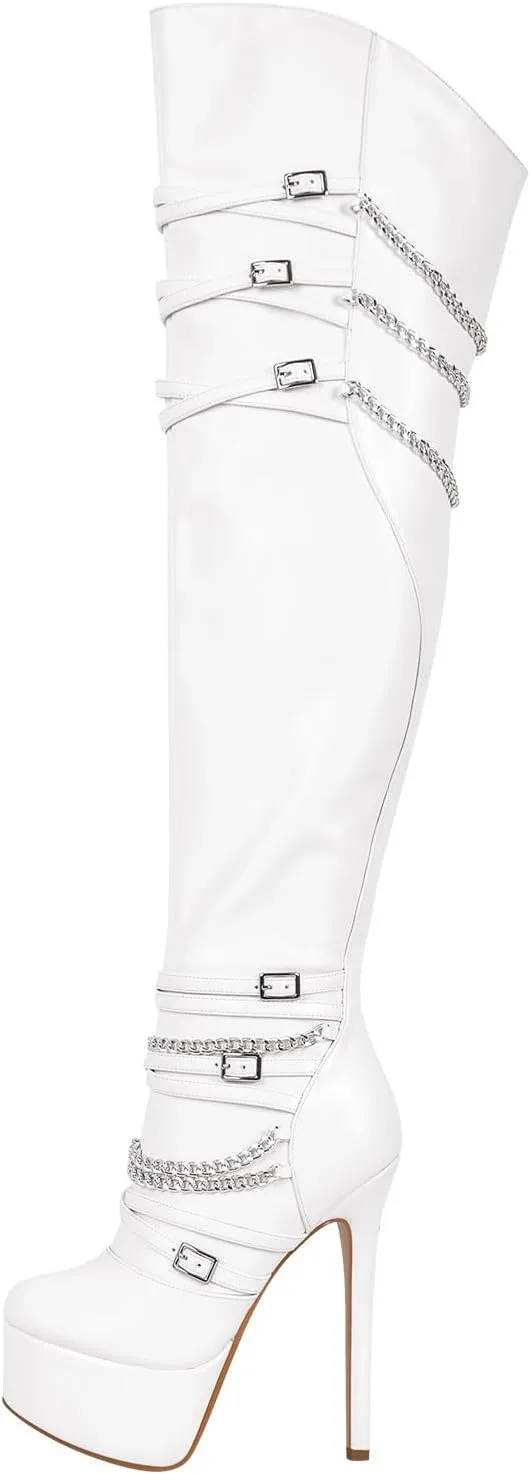 richealnini Sexy Pointed Toe Platform Thigh High Boots with Zippers and Chains Women's Zip Up Stretchy Over the Knee High Boots Stiletto Heel