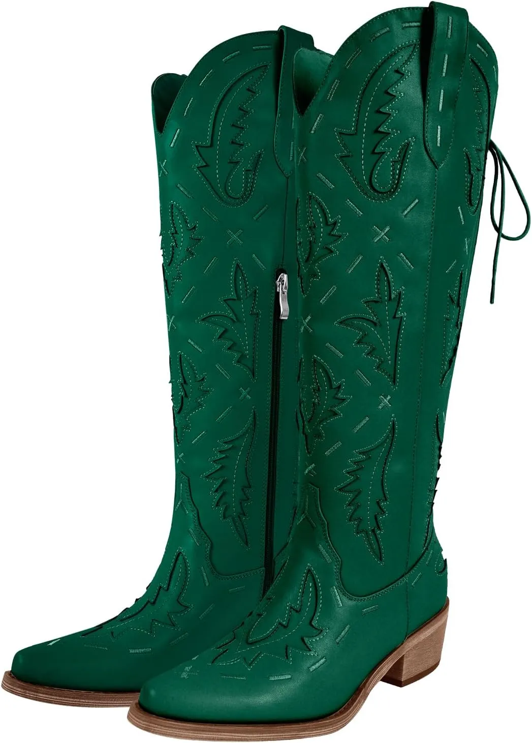 richealnini Women's Embroidered Knee High Boots Zipper Dressy Adjustable Lace Up Western Cowboy Boots