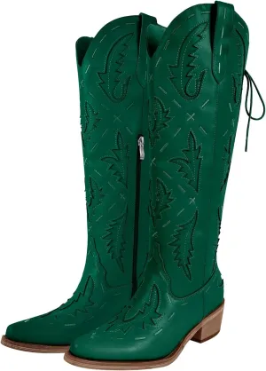 richealnini Women's Embroidered Knee High Boots Zipper Dressy Adjustable Lace Up Western Cowboy Boots