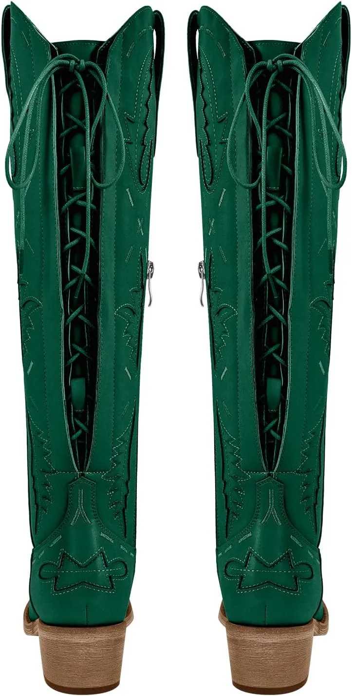 richealnini Women's Embroidered Knee High Boots Zipper Dressy Adjustable Lace Up Western Cowboy Boots