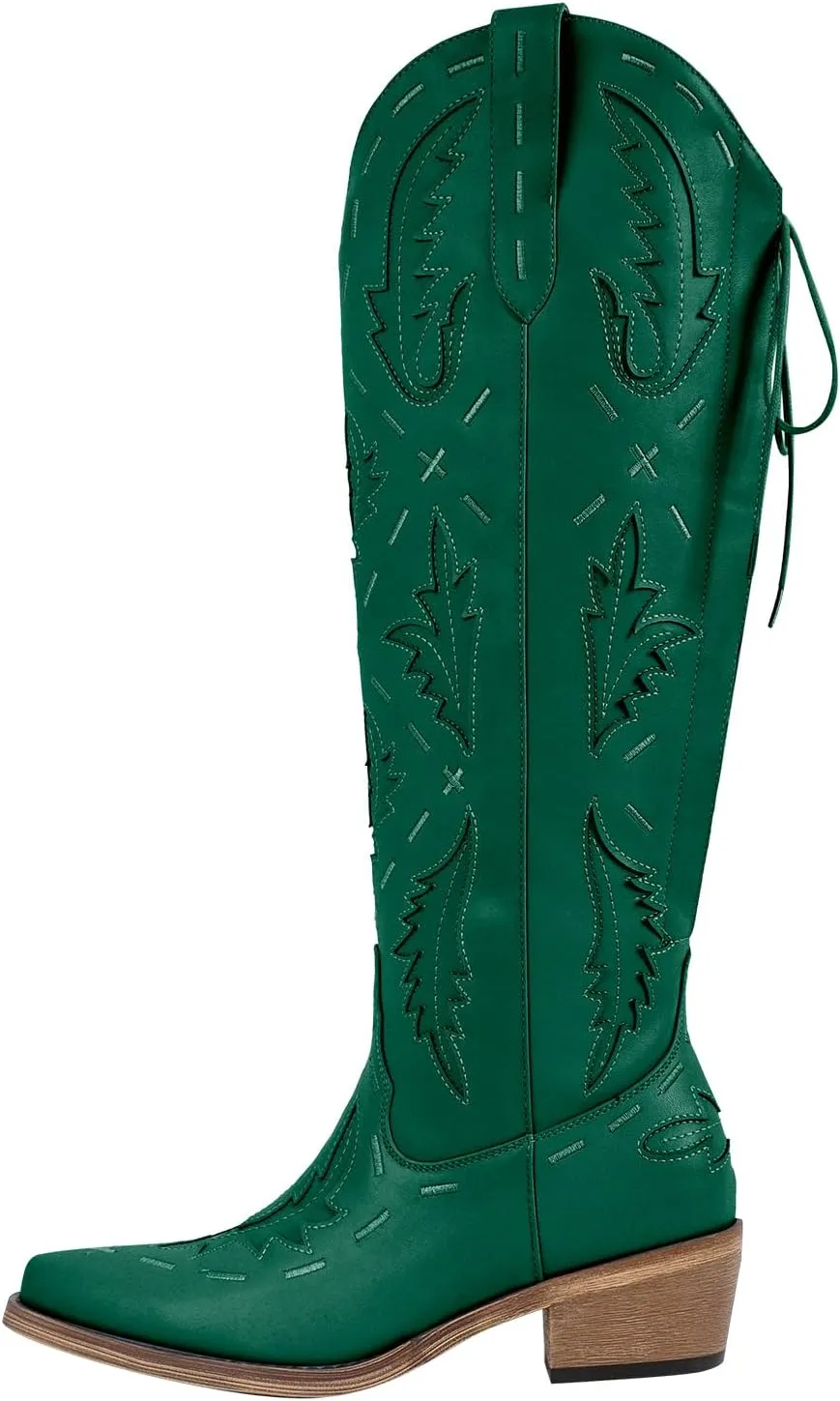 richealnini Women's Embroidered Knee High Boots Zipper Dressy Adjustable Lace Up Western Cowboy Boots