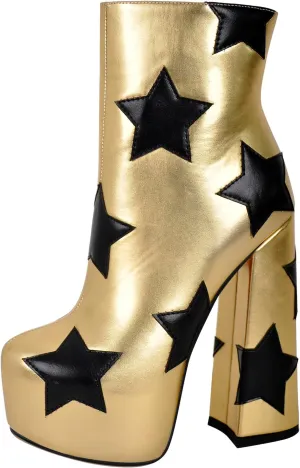 richealnini Women's Platform Heel Ankle Boots Side Zipper Up Block Heels with Stars Patterns