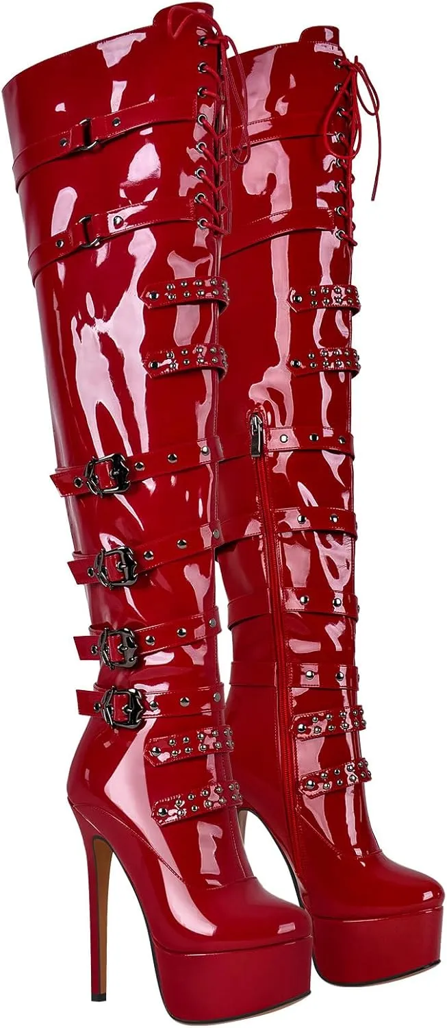 richealnini Women's Platform Heel Thigh High Boots with Zippers Lace Up Sexy Sky High Heels Long Shaft Over the Knee High Boots