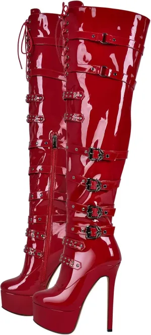 richealnini Women's Platform Heel Thigh High Boots with Zippers Lace Up Sexy Sky High Heels Long Shaft Over the Knee High Boots