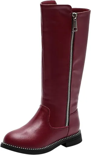 rismart Girls' Tall Riding Boots Flat Heel Side Zipper Winter Fur Lined Knee High Shoes