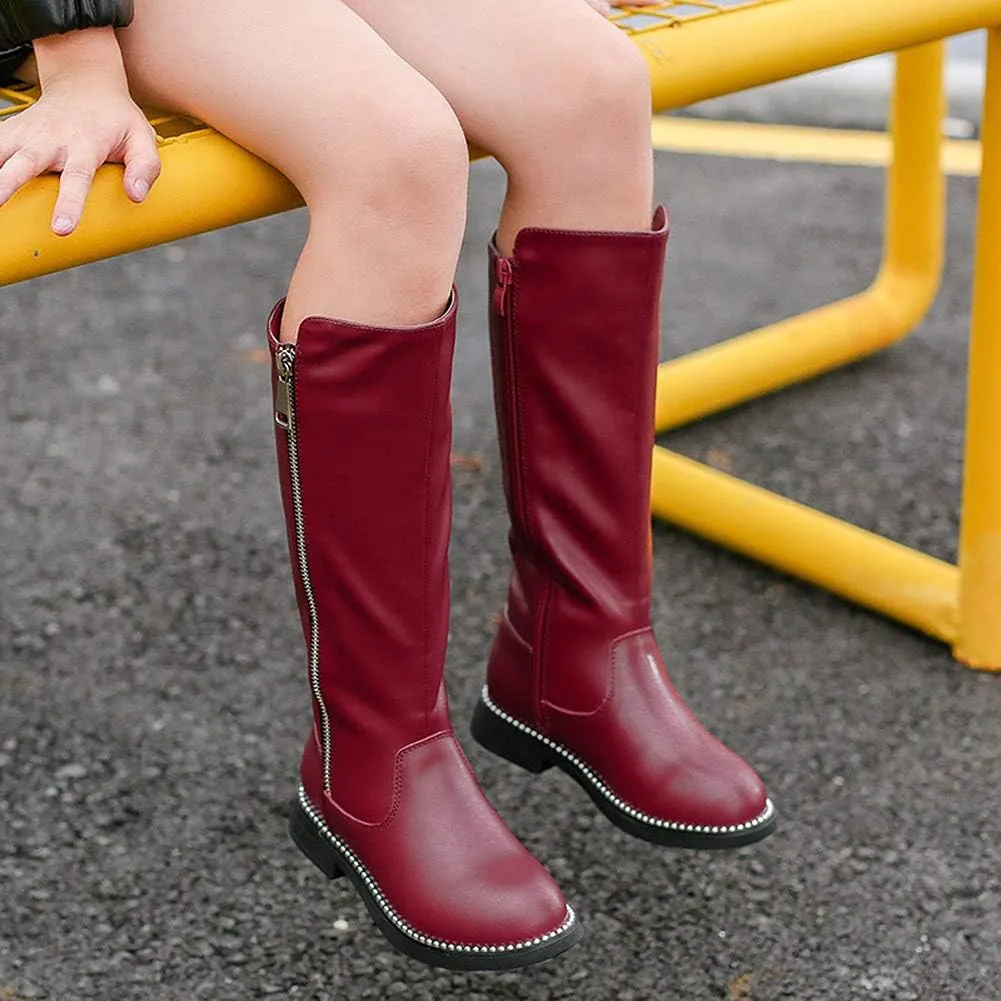 rismart Girls' Tall Riding Boots Flat Heel Side Zipper Winter Fur Lined Knee High Shoes