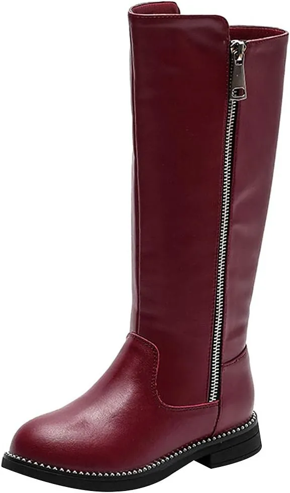 rismart Girls' Tall Riding Boots Flat Heel Side Zipper Winter Fur Lined Knee High Shoes