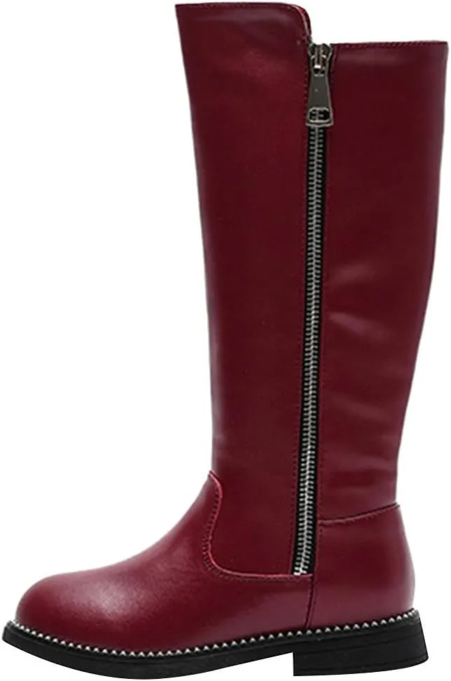 rismart Girls' Tall Riding Boots Flat Heel Side Zipper Winter Fur Lined Knee High Shoes