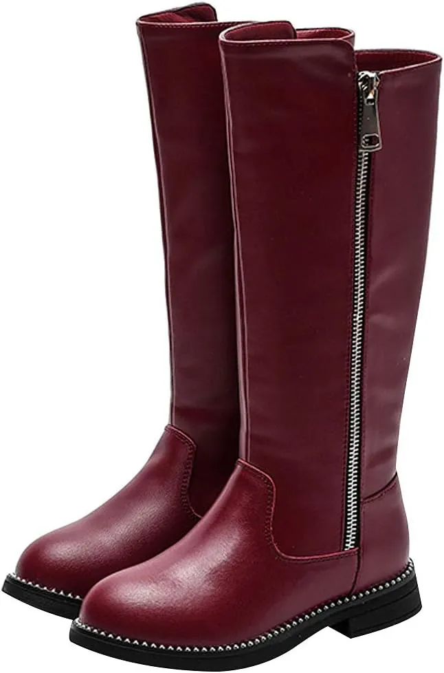 rismart Girls' Tall Riding Boots Flat Heel Side Zipper Winter Fur Lined Knee High Shoes