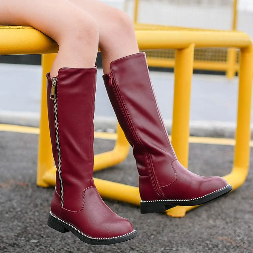 rismart Girls' Tall Riding Boots Flat Heel Side Zipper Winter Fur Lined Knee High Shoes