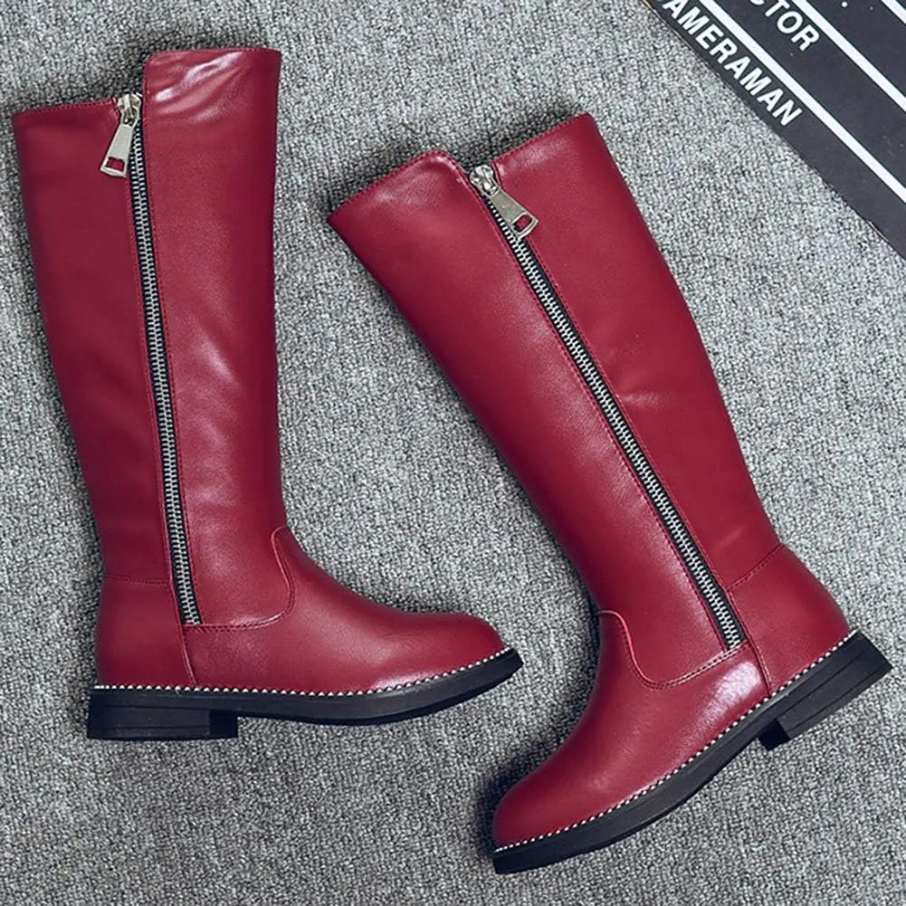 rismart Girls' Tall Riding Boots Flat Heel Side Zipper Winter Fur Lined Knee High Shoes
