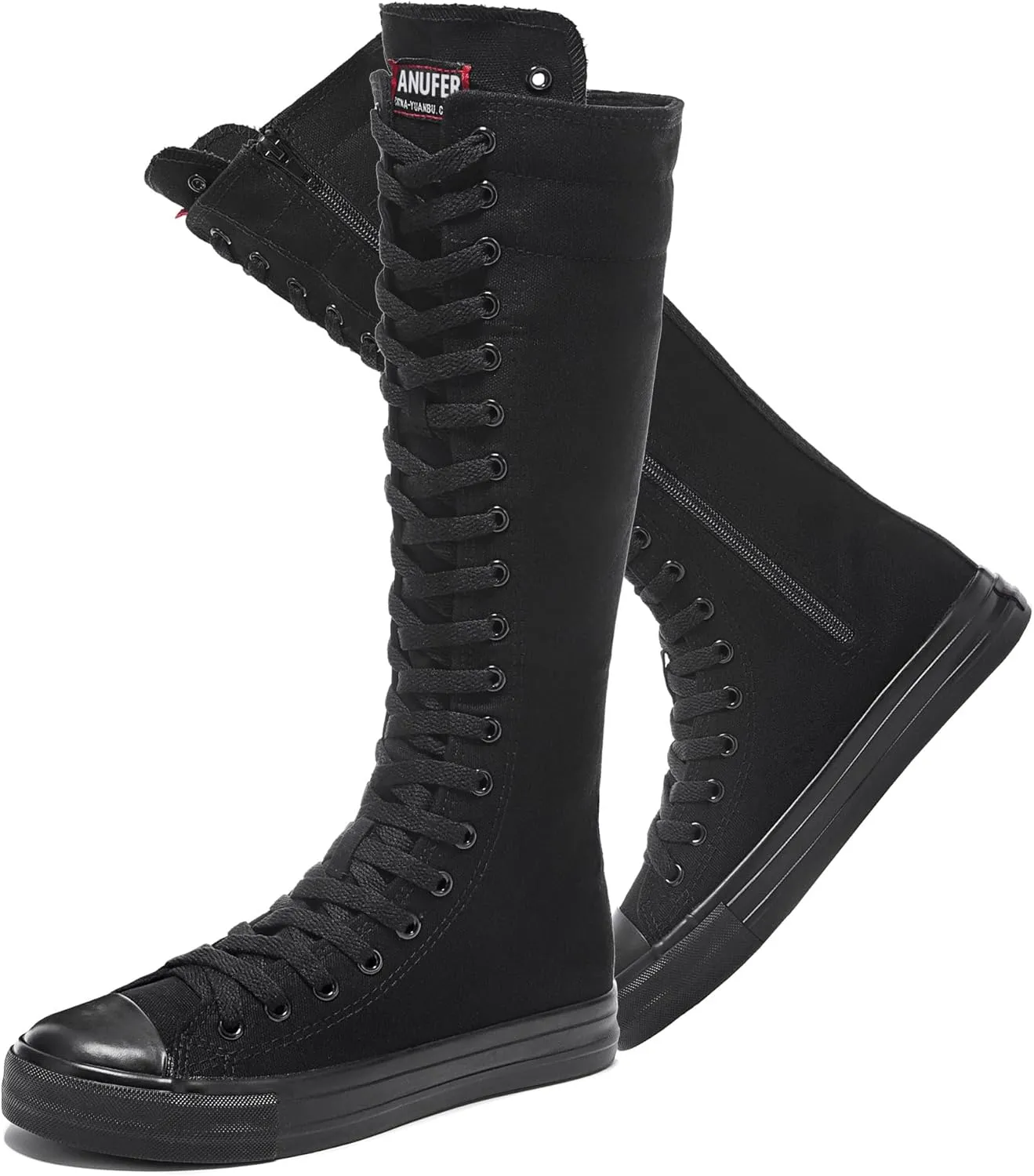 rismart Women's Canvas Sneakers Knee Length High Top Side Zip School Cheergirls Long Boots